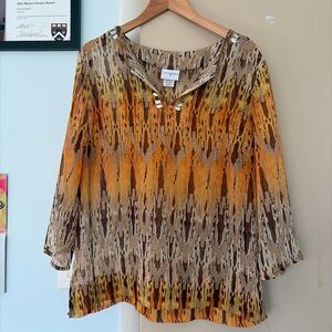 Jaclyn Smith Brown and Orange Patterned Blouse